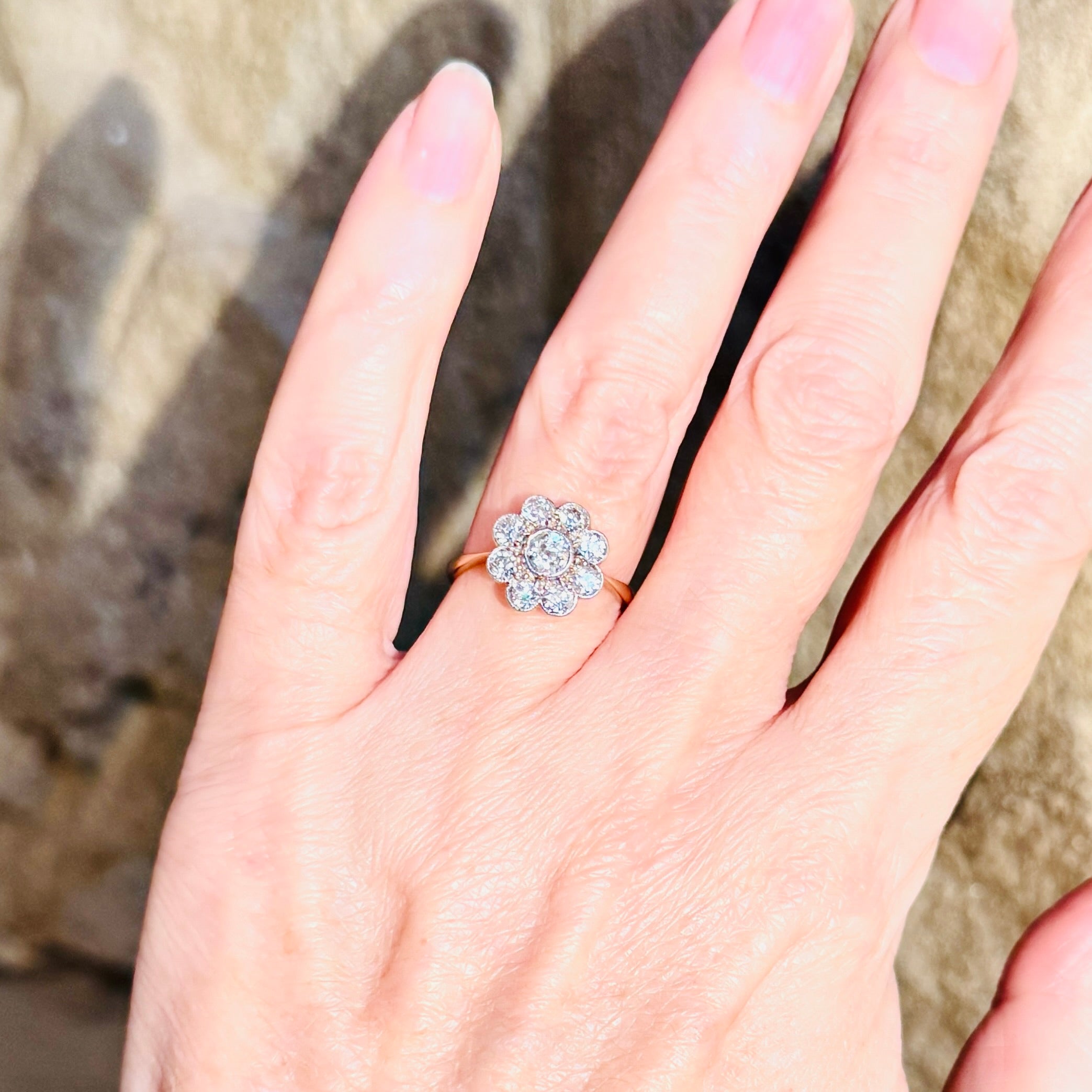 Antique, Early Twentieth Century, 18ct Gold, Old Cut Diamond Daisy Cluster Ring