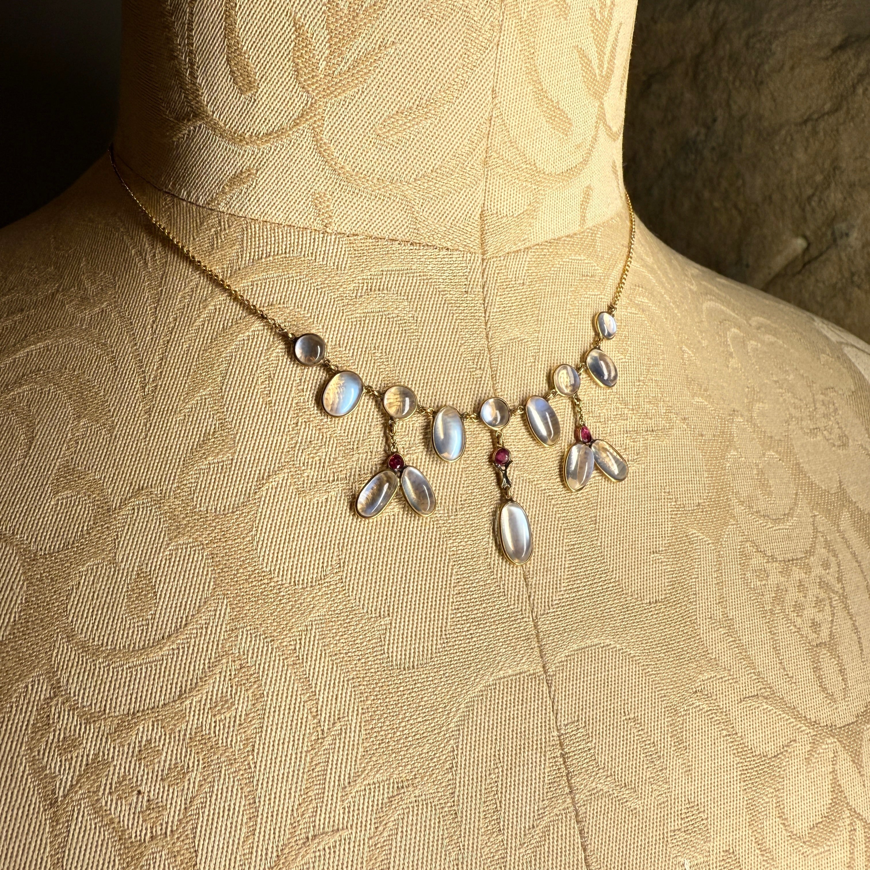 Antique 15ct Gold, Moonstone & Ruby Fringe Necklace