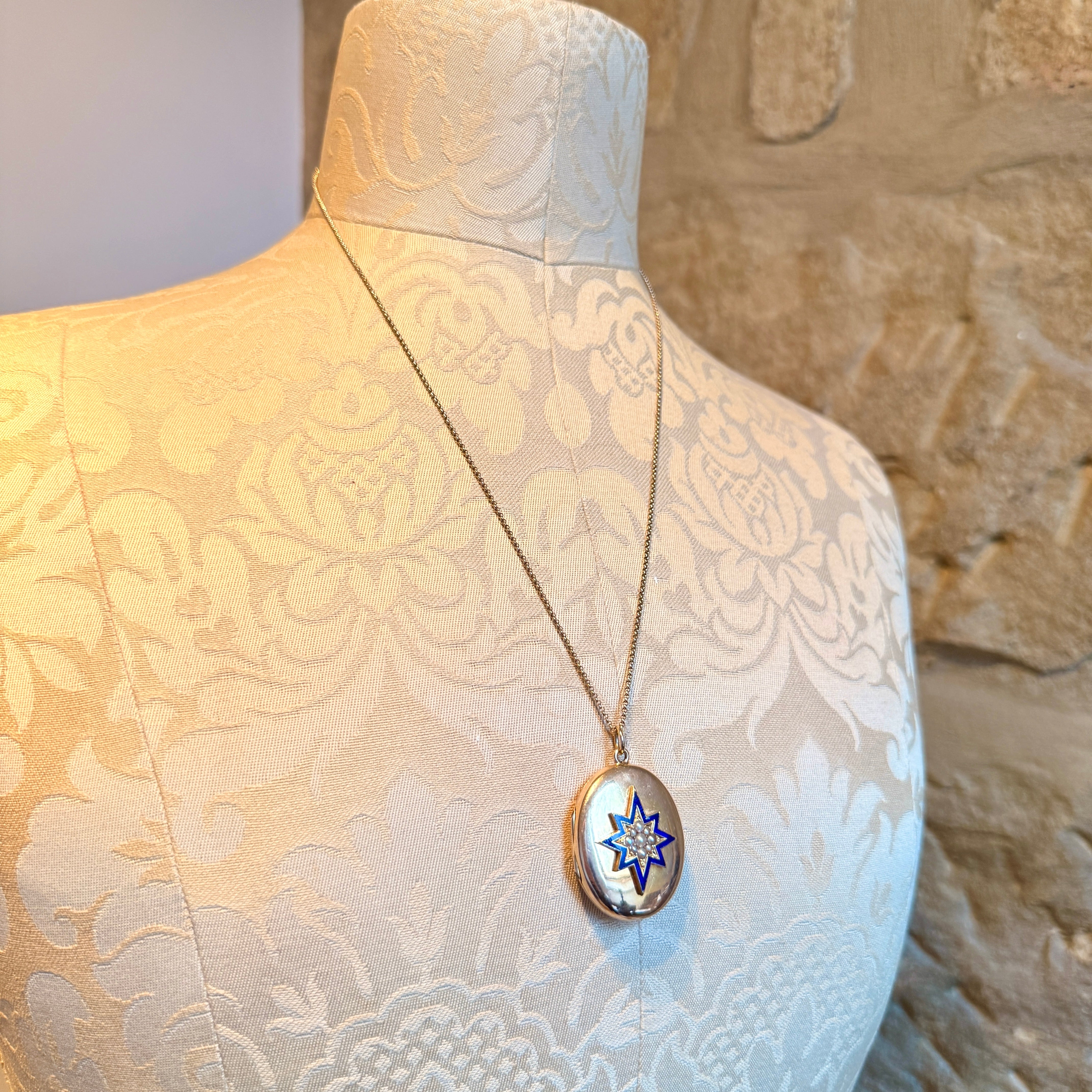 Antique, Victorian 15ct Gold Locket With Blue Enamel Star & Split Pearls, 12 Grams