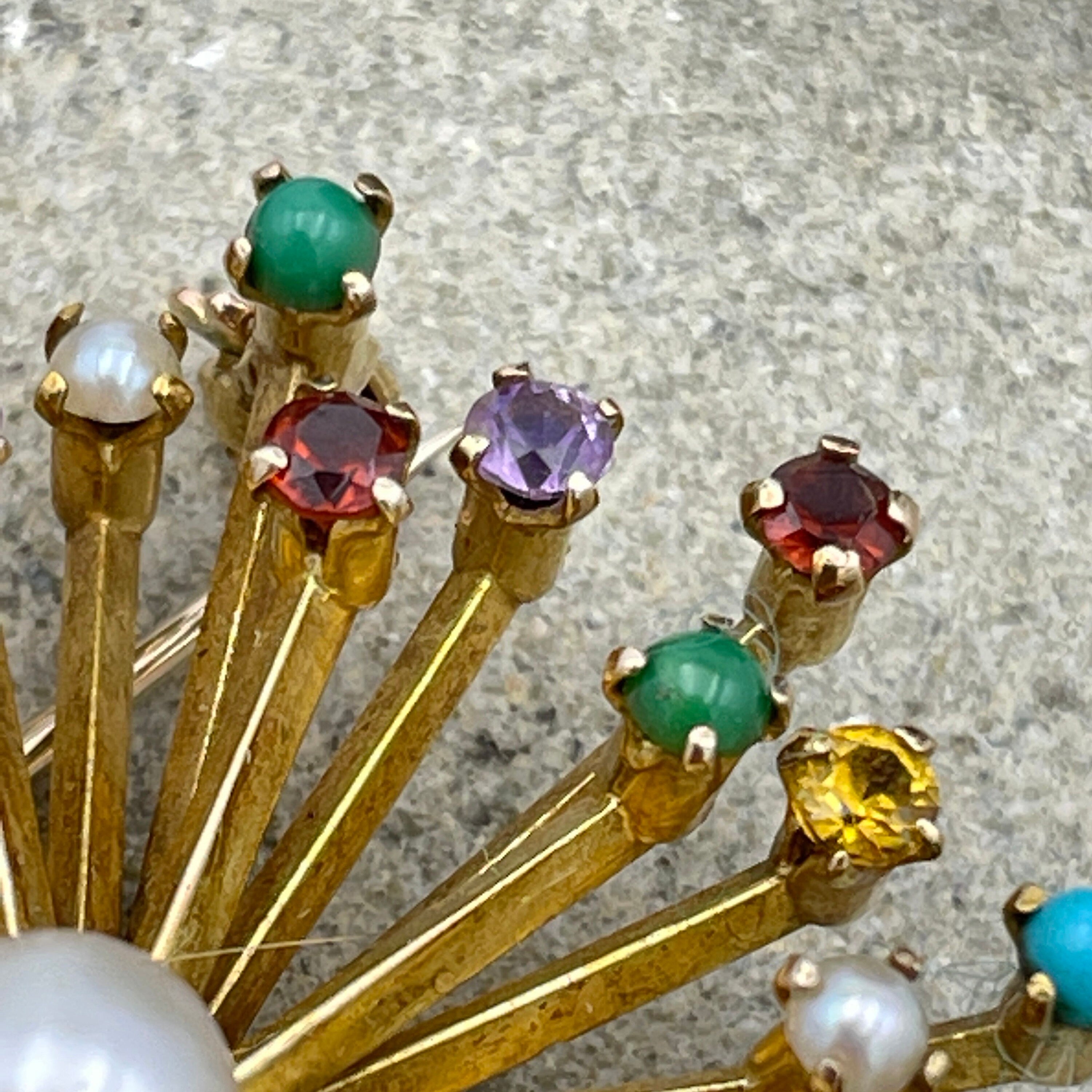 Vintage 1960s, 9ct Gold, multi gem & cultured Pearl starburst brooch