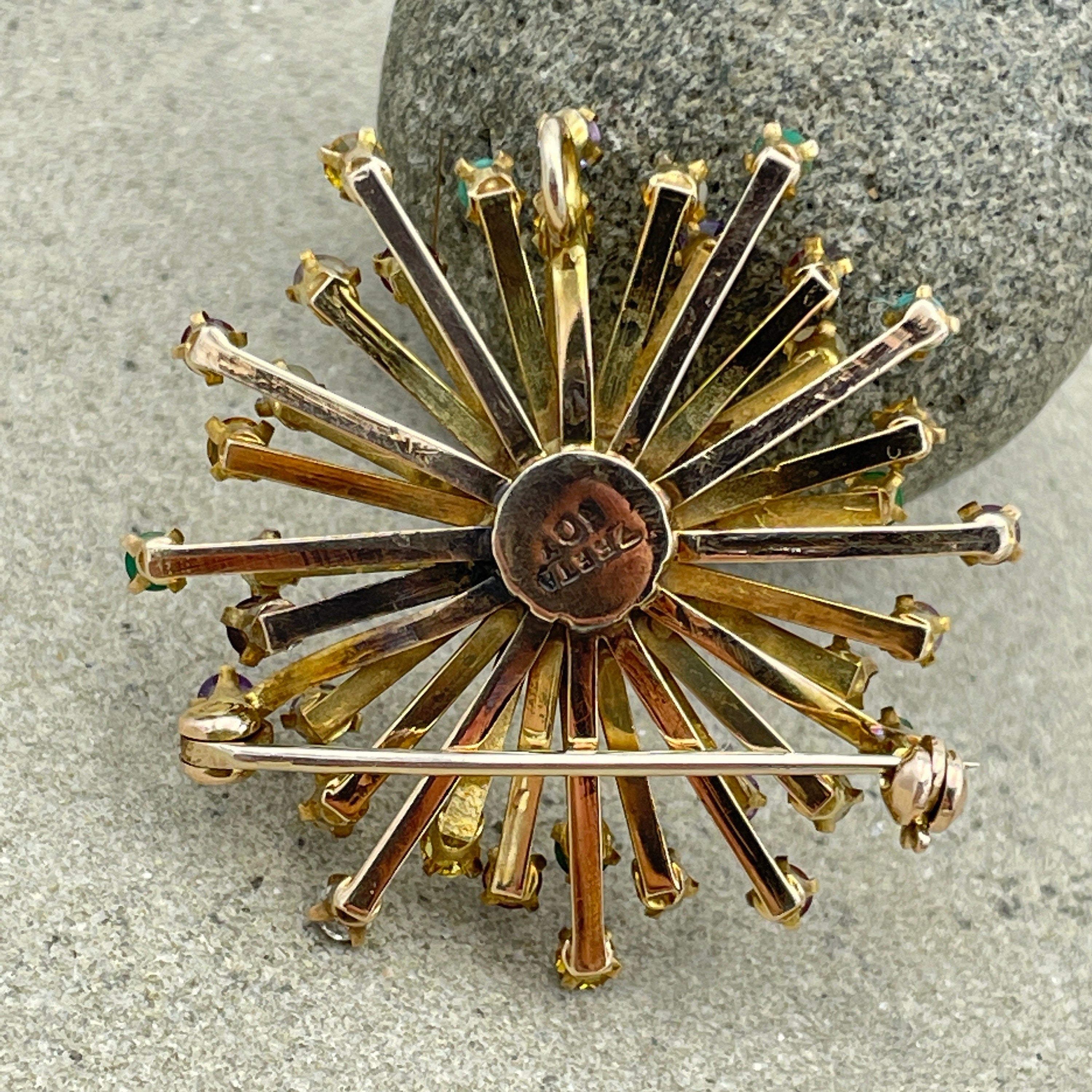Vintage 1960s, 9ct Gold, multi gem & cultured Pearl starburst brooch