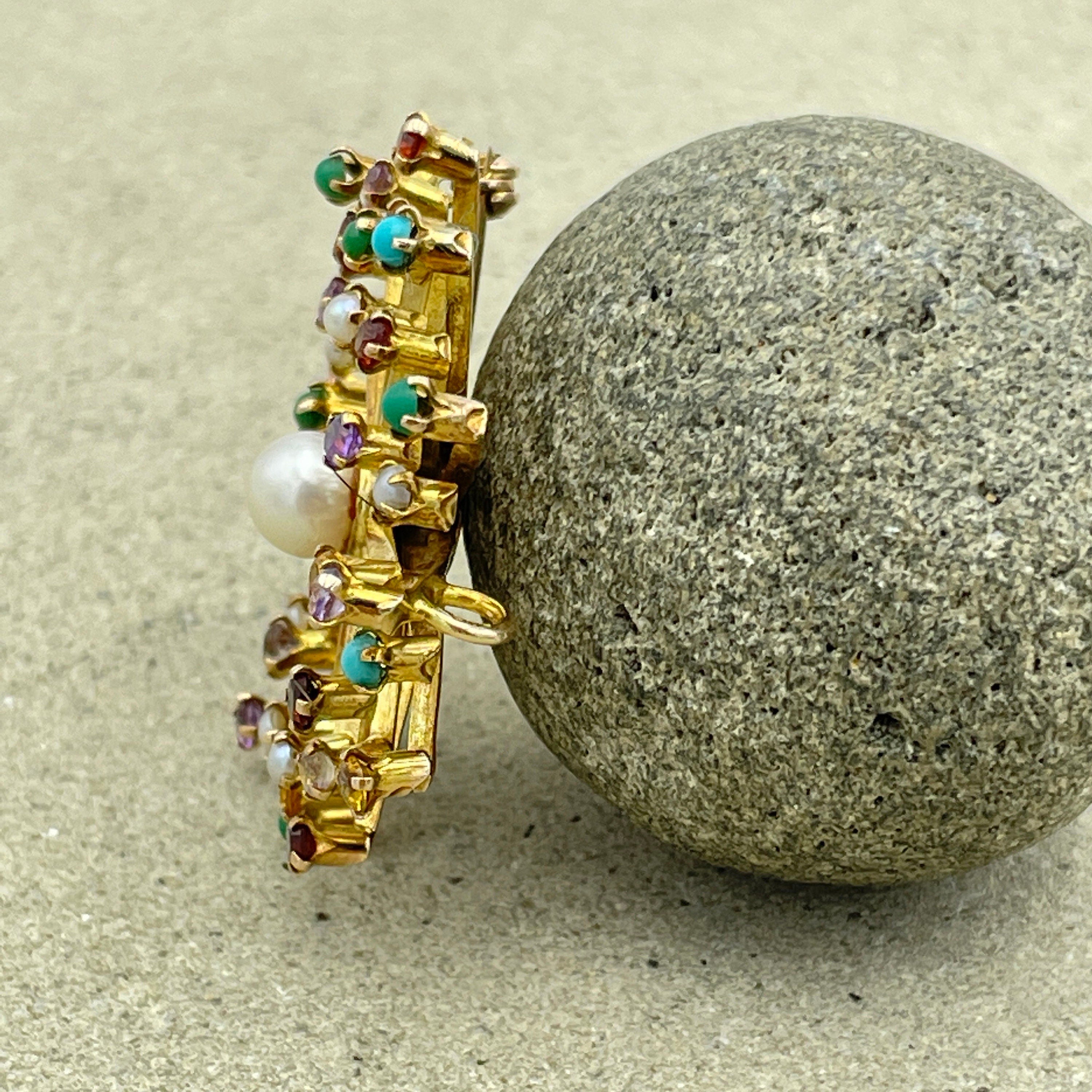Vintage 1960s, 9ct Gold, multi gem & cultured Pearl starburst brooch