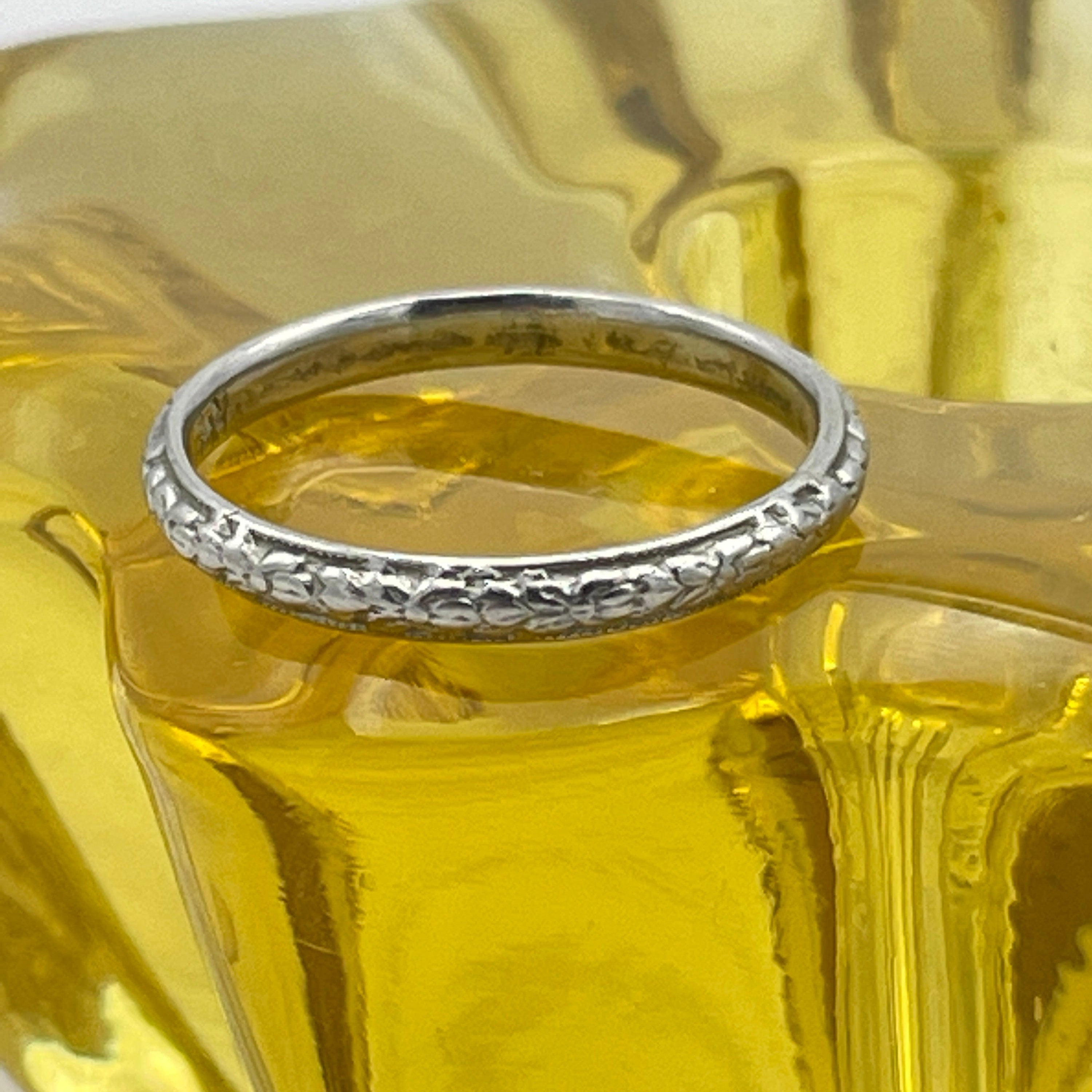 Vintage platinum embossed wedding band ring
