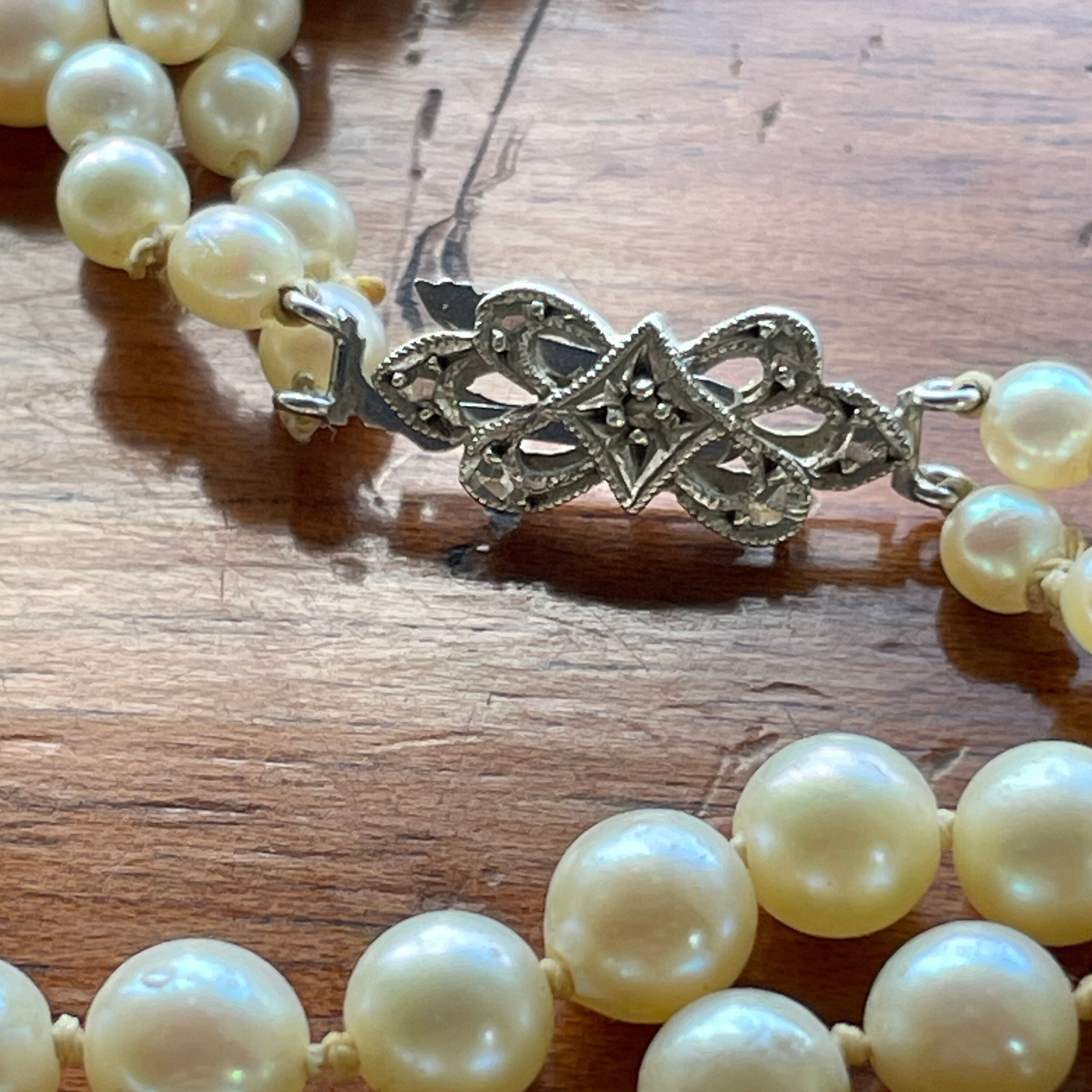 Art deco long cultured pearls necklace double strand with 9ct gold c
