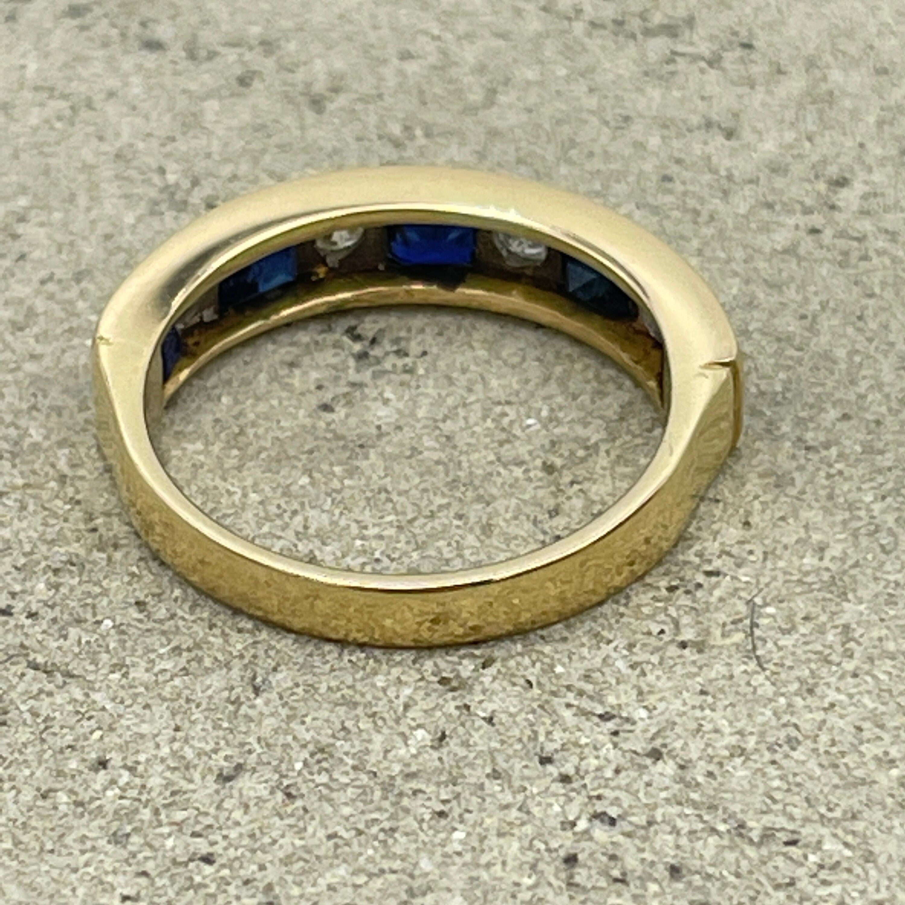 Vintage 18ct gold diamond & sapphire  half eternity ring, mid century, 1950s
