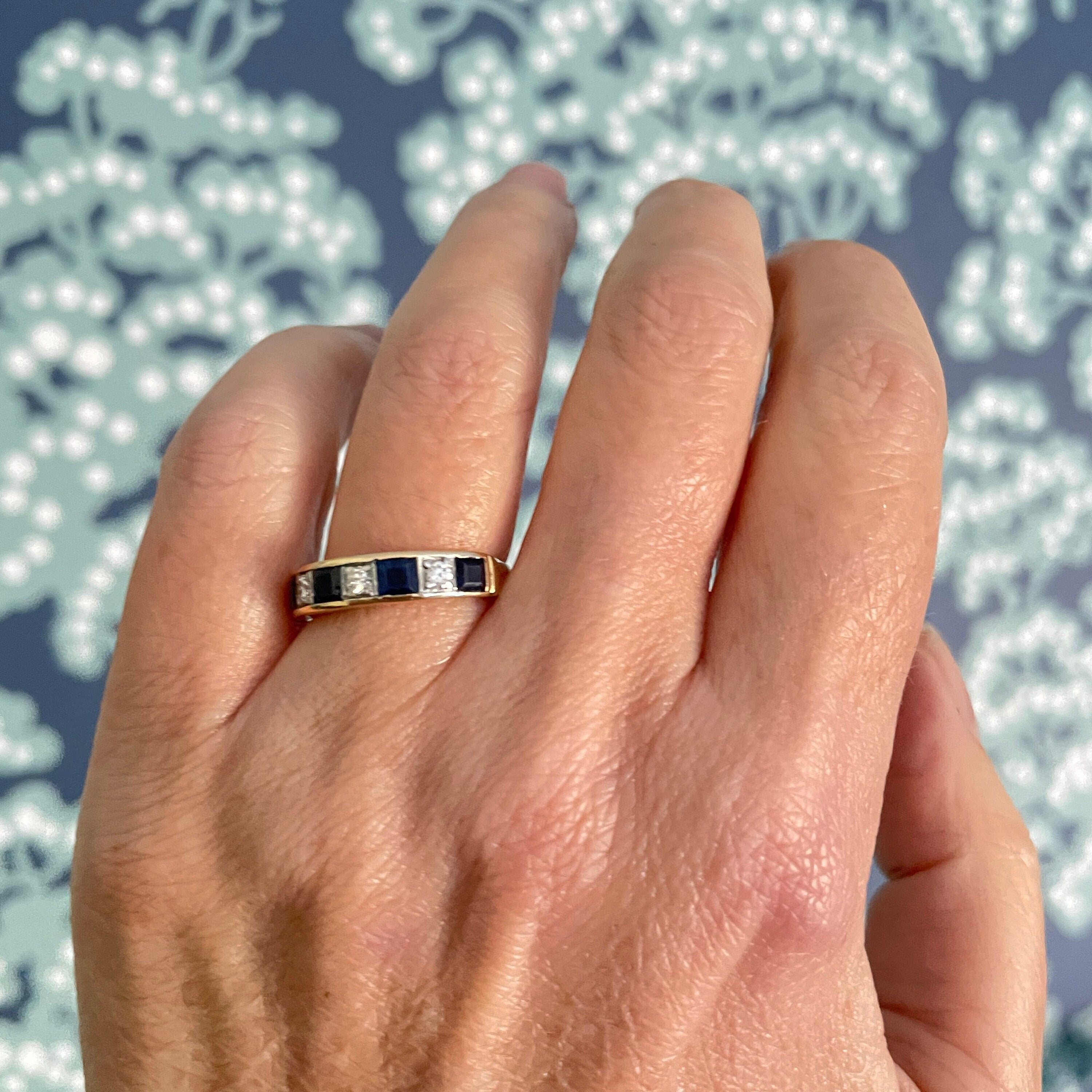 Vintage 18ct gold diamond sapphire half eternity ring mid century